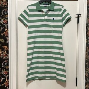 Polo, “The Mesh Mini”, green and white striped dress,NWT. Size medium
